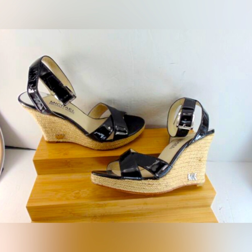 Michael Kors Black Patent Leather Rope Wedge Ankle Strap Sandals